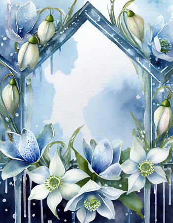 A captivating winter scene featuring a delicate floral border of hellebores and snowdrops framed by icicles. The background blends soothing watercolor hues of icy blue and frosty white. Perfect for seasonal designs and nature-themed projects.の素材