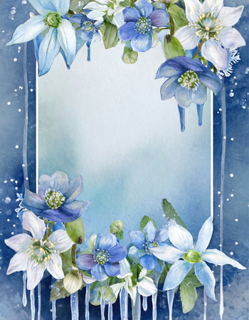 A captivating winter scene featuring a delicate floral border of hellebores and snowdrops framed by icicles. The background blends soothing watercolor hues of icy blue and frosty white. Perfect for seasonal designs and nature-themed projects.の素材