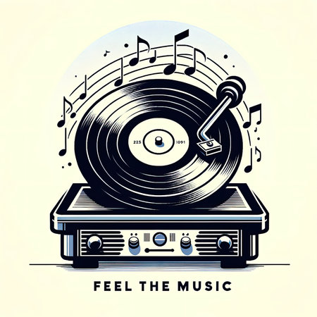 Immerse yourself in the retro-modern world of music with this vector-style image. A vintage vinyl record spins on a stylized player, surrounded by whimsical musical notes. The caption 'Feel the Music' in a retro font adds charm. Perfect for music enthusiasts, this image evokes nostalgia and creativity.の素材