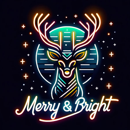 Capture the magic of a modern reindeer in this vector-style image. Against a starry night, the sleek design features a reindeer with glowing antlers, casting a radiant aura. "Merry & Bright" in neon-style font completes the enchanting scene.の素材