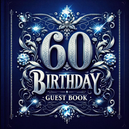 Capture the essence of luxury and celebration with this elegant royal blue background adorned with metallic silver '60 Birthday' and 'Guest Book' text, surrounded by silver glitter and sparkling gemstone illustrations. Perfect for milestone birthday festivals. 1:1 image proportions.の素材