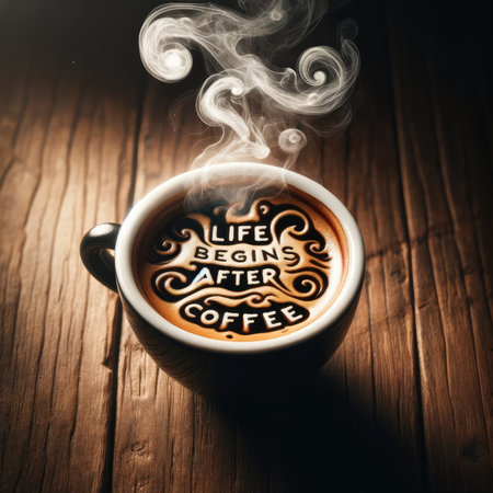 Capture the essence of a cozy morning with a close-up of dark espresso. Steam spells "Life Begins After Coffee" above a rustic wooden table. Experience the rich, inviting aroma and swirling steam in this visual delight.の素材