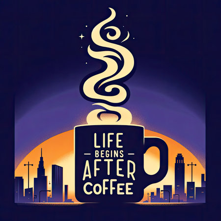 Experience the essence of a fresh start with our vector-style image. "Life Begins After Coffee" emerges like aromatic steam from a hot cup against a tranquil pre-dawn cityscape. The modern, minimalistic design juxtaposes warm coffee hues with cool morning tones, offering a visual blend of comfort and awakening.の素材
