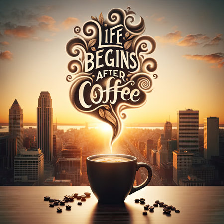 Experience the serenity of early mornings with this captivating image. "Life Begins After Coffee" rises like steam from a steaming mug, set against a tranquil cityscape at dawn. Warm, comforting hues of orange, yellow, and brown evoke the freshness of a new day. Perfect for coffee enthusiasts and those seeking a moment of calm.の素材