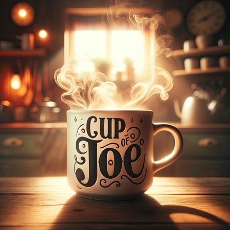 Capture the warmth of a serene morning with this image of a steaming coffee mug. The phrase "Cup of Joe" is elegantly crafted from rising steam, creating a cozy, inviting atmosphere in a blurred kitchen backdrop. Perfect for conveying comfort and a fresh start.の素材