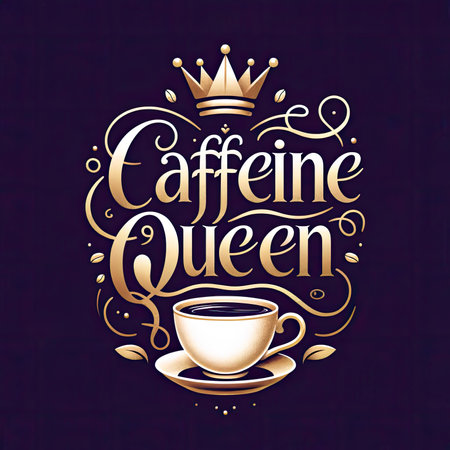 Indulge in the regal elegance of the 'Caffeine Queen.' This vector-style image showcases a gold-toned script with a minimalist crown, complemented by a porcelain teacup brimming with black coffee. Against a deep purple backdrop, it exudes sophistication fit for any coffee connoisseur.の素材