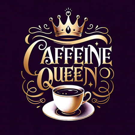 Indulge in the regal elegance of the 'Caffeine Queen.' This vector-style image showcases a gold-toned script with a minimalist crown, complemented by a porcelain teacup brimming with black coffee. Against a deep purple backdrop, it exudes sophistication fit for any coffee connoisseur.の素材