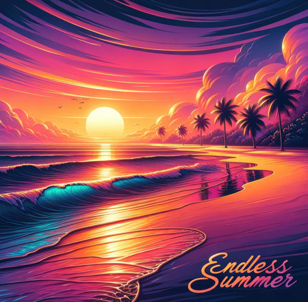 Witness the beauty of an endless summer evening on a tranquil beach. The sun sets in a blaze of oranges, pinks, and purples, casting a warm glow over the sand and gentle waves. Silhouetted palm trees sway in the breeze, while "Endless Summer" is written in a relaxed, ocean-inspired font.の素材