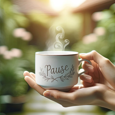 Experience serenity with a hand holding a delicate white steam coffee cup inscribed with "Pause" in elegant cursive. This image offers tranquility in a serene garden setting, encouraging relaxation and calm.の素材