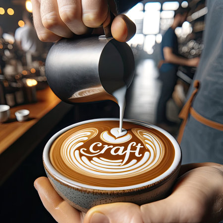 Capture the essence of craftsmanship as a skilled barista meticulously pours latte art into a ceramic cup. "Craft" gracefully weaves into the milk pattern, set against a rich espresso base, amid the vibrant hustle of a bustling coffee shop.の素材