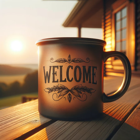 Capture the essence of warmth and hospitality with this close-up view of a welcoming coffee mug on a serene porch at sunrise. "Welcome" is elegantly scripted on the mug, creating a cozy and inviting atmosphere. Perfect for conveying a sense of comfort and friendliness.の素材