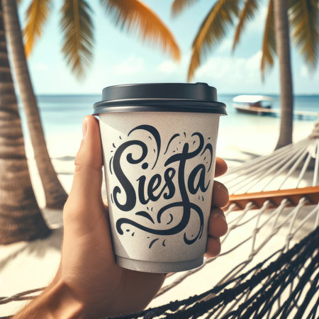 Capture the essence of relaxation and leisure with this close-up image of a coffee cup bearing the word "Siesta" in a lazy script. It's nestled on a hammock between two swaying palm trees, set against a serene beach backdrop. Perfect for conveying a laid-back, carefree lifestyle.の素材