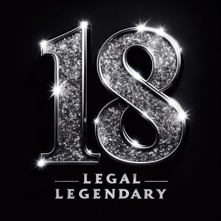 Capture the essence of celebration and sophistication with this close-up of a sparkling number "18" adorned with silver glitter against a sleek black backdrop. Below, the bold and chic font spells out "Legal & Legendary." Perfect for legal milestones and legendary achievements.の素材