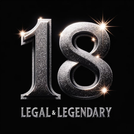 Capture the essence of celebration and sophistication with this close-up image of a sparkling silver-glittered number "18" set against a sleek black background. Below, the phrase "Legal & Legendary" in a bold, chic sans-serif font adds to the allure. Perfect for conveying a sense of achievement and elegance in various contexts.の素材