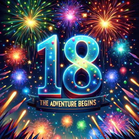 Experience the thrill of new beginnings with a vibrant fireworks display in the night sky. Bright bursts of red, blue, green, and yellow illuminate the darkness. The bold text "18 - The Adventure Begins" adds an adventurous touch. A scene filled with joy and celebration.の素材