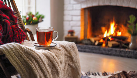 Imagine a warm, inviting living room, bathed in the soft glow of a crackling fireplace. A steaming mug of tea sits atop a cozy chair draped with a woolen blanket. This image exudes comfort, making it perfect for showcasing the tranquility of home life. Ideal for lifestyle and relaxation themes.の素材