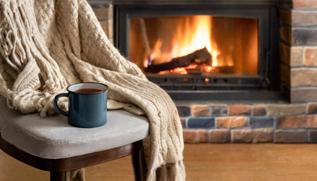 Imagine a warm, inviting living room, bathed in the soft glow of a crackling fireplace. A steaming mug of tea sits atop a cozy chair draped with a woolen blanket. This image exudes comfort, making it perfect for showcasing the tranquility of home life. Ideal for lifestyle and relaxation themes.の素材