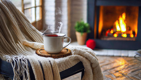 Imagine a warm, inviting living room, bathed in the soft glow of a crackling fireplace. A steaming mug of tea sits atop a cozy chair draped with a woolen blanket. This image exudes comfort, making it perfect for showcasing the tranquility of home life. Ideal for lifestyle and relaxation themes.の素材