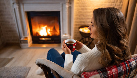Capture the serene warmth of winter with this cozy scene. A girl sits in an armchair by a fireplace, cradling a tea mug. The soft glow illuminates her silhouette, creating a comforting atmosphere of relaxation and tranquility. Perfect for various winter-themed projects.の素材