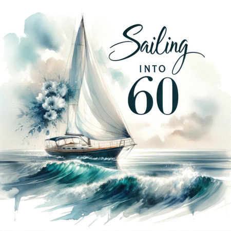 Embrace the tranquility of the ocean in this elegant watercolor masterpiece. A sailboat gracefully sails under the warm sun, symbolizing a peaceful journey into the 60s. Celebrate life's milestones with this serene and uplifting artwork.の素材