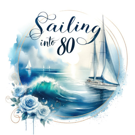 Capture the tranquil elegance of the ocean in this exquisite watercolor painting. A graceful sailboat glides across serene blues and greens, while the text "Sailing into 80" adds a touch of glamor. Perfect for celebrating milestones or conveying a sense of serenity.の素材
