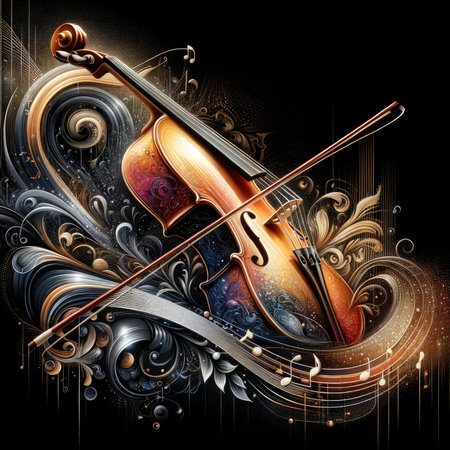 Immerse yourself in the world of music with this glamorous violin. Its opulent details shimmer with a myriad of colors against an abstract backdrop that seamlessly melds flowing musical notes and abstract shapes. This image exudes elegance, making it ideal for various creative projects.の素材
