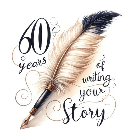 Capture the essence of timeless elegance and creativity with this watercolor and ink illustration. A feather quill pen takes center stage, adorned with the stylish text '60 Years of Writing Your Story.' This artwork exudes sophistication and beauty, blending art and calligraphy seamlessly.の素材