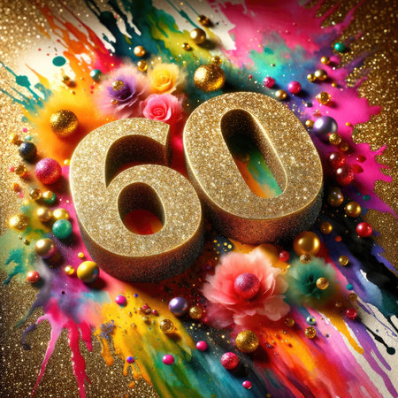Capture the essence of celebration with this stunning close-up of a glittery, golden number '60' enveloped by vibrant watercolor splashes. The glamorous background adds an extra touch of elegance, making it perfect for commemorating milestones and joyous occasions.の素材