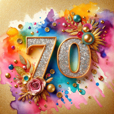 Capture the celebratory essence of a glittering golden '70' amidst vibrant watercolor splashes, set against a glamorous backdrop. This image radiates joy, perfect for birthdays, anniversaries, or any milestone event, invoking a sense of excitement and festivity.の素材