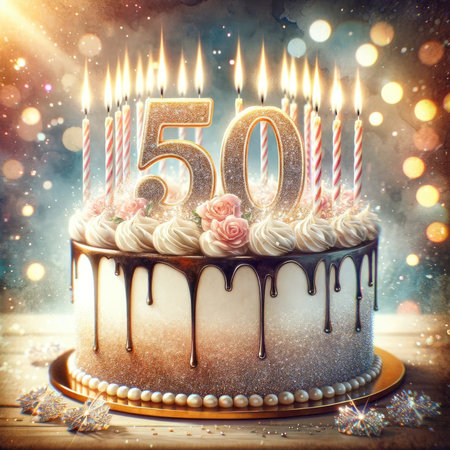 Capture the celebratory essence of life's milestones with this close-up view of a birthday cake adorned with sparkling '50' candles. Set against a dreamy watercolor background, it exudes glamor and festivity, perfect for commemorating special moments.の素材