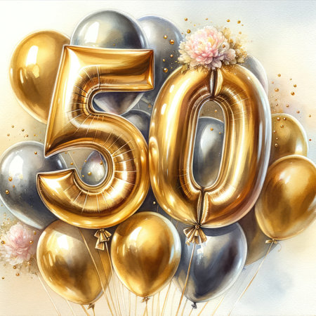Celebrate life's milestones with this watercolor masterpiece. A stunning depiction of glamorous gold and silver balloons, centered around a shimmering '50'. This artwork exudes elegance and jubilation, making it perfect for various celebratory occasions.の素材