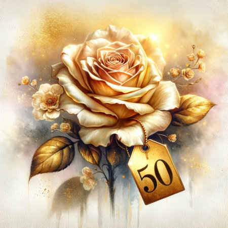 Capture the essence of timeless elegance with this opulent golden rose, adorned with a '50' tag, set against a soft, romantic watercolor background. This image exudes sophistication and nostalgia, making it perfect for various creative projects.の素材
