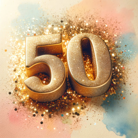 Capture the essence of a jubilant celebration with this close-up of a sparkling, golden '50' surrounded by a mesmerizing shower of glitter. Set against a soft, pastel watercolor background, this image exudes festivity and achievement, perfect for commemorating milestones.の素材