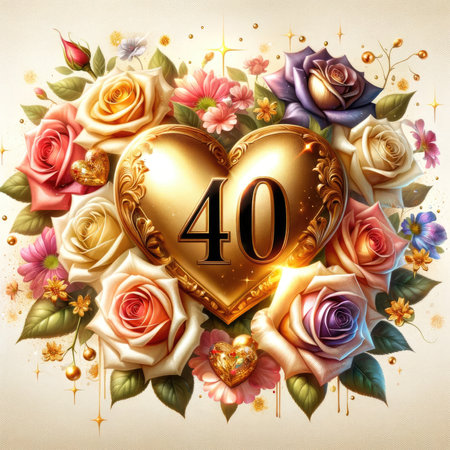 Capture the essence of celebration with this opulent, golden heart adorned with the number '40,' nestled amidst vibrant watercolor roses and sparkling accents. Perfect for milestone birthdays and jubilant occasions.の素材