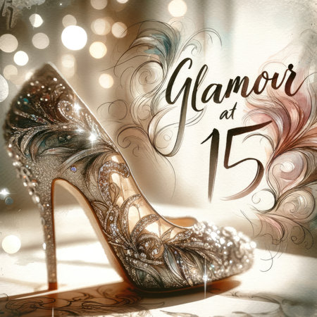 A close-up of a shimmering high-heeled shoe, exuding a sense of glamor. The shoe is intricately detailed, sparkling with glitter and sequins, and is set against a soft, blurred background that enhances its glamor. Next to the shoe, the words "Glamor at 15" are artistically written in elegant watercolor strokes, adding an artistic and celebratory touch to the composition.の素材