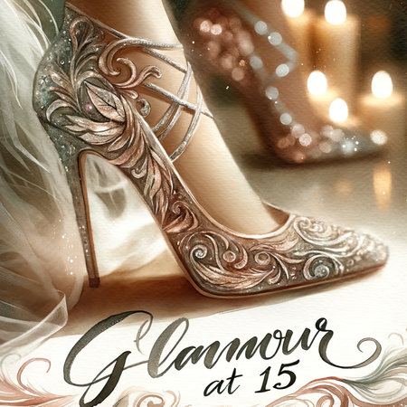 A close-up of a shimmering high-heeled shoe, exuding a sense of glamor. The shoe is intricately detailed, sparkling with glitter and sequins, and is set against a soft, blurred background that enhances its glamor. Next to the shoe, the words "Glamor at 15" are artistically written in elegant watercolor strokes, adding an artistic and celebratory touch to the composition.の素材