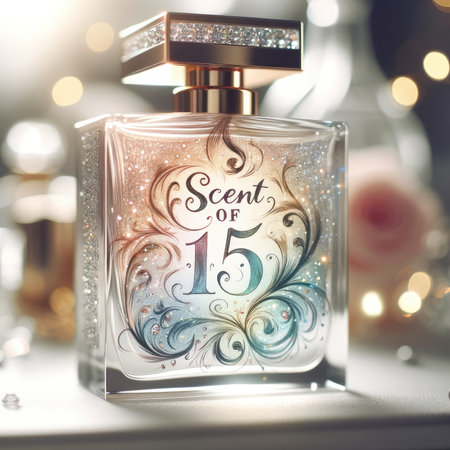 Capture the essence of luxury with this close-up image of a glittering perfume bottle. Its elegant design, adorned with sparkling details, radiates glamor. Against a soft, blurred background, the bottle's sparkle is accentuated. The watercolor-style "Scent of 15" text adds an artistic touch with pastel hues, creating a truly exquisite composition.の素材