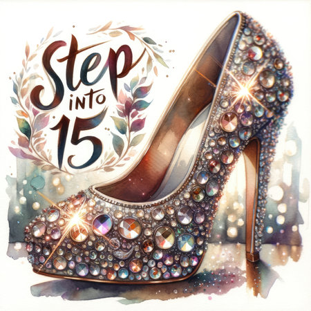 Capture the essence of glamor and celebration with this artistic close-up. A dazzling, sparkling high-heel shoe adorned with sequins and glitter takes center stage. Watercolor brushstrokes spell out "Step into 15" in vibrant colors, adding a festive touch. This image exudes luxury and style, perfect for various celebratory occasions.の素材