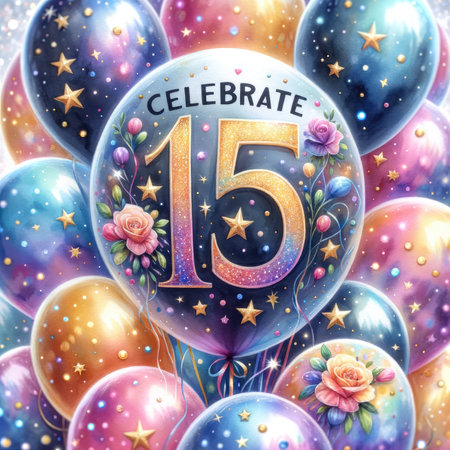 Capture the joy of celebration with this close-up view of a watercolor balloon bouquet, featuring vibrant colors and 'Celebrate 15' in glittering letters. Twinkling stars and shimmering effects fill the background, creating a festive atmosphere suitable for birthdays, anniversaries, and special occasions. Perfect for adding a touch of sparkle to your creative projects.の素材