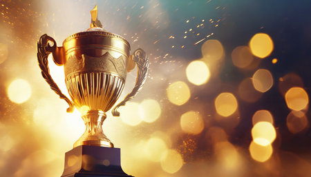 This image captures the essence of achievement and celebration with a close-up view of a prestigious golden trophy. Featuring intricately designed designs, handles resembling twisted laurels, and a contrasting black base, the trophy exudes grandeur. The background boasts a warm bokeh effect, creating a festive atmosphere with golden and amber hues. Floating sparkling particles add to the triumphant ambiance.の素材