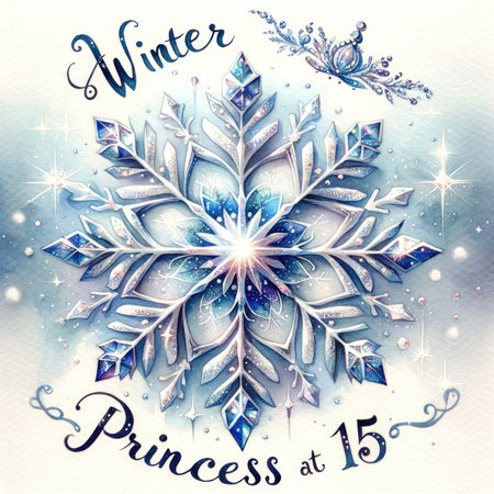 Create an enchanting watercolor painting with a radiant, shimmering snowflake as the centerpiece. The snowflake exudes winter wonder, and "Winter Princess at 15" in sparkling script adds a magical touch. The background has a delicate, shimmering glow, creating an enchanting atmosphere. A cool, wintry palette dominates with blues, whites, and silvers.の素材