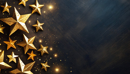 Capture the magical allure of glittering stars on a dark table from a top view perspective. This enchanting image offers versatility, perfect for conveying a sense of wonder, celebration, or creativity. Ideal for backgrounds, cards, or any design needing a touch of mystique.の素材