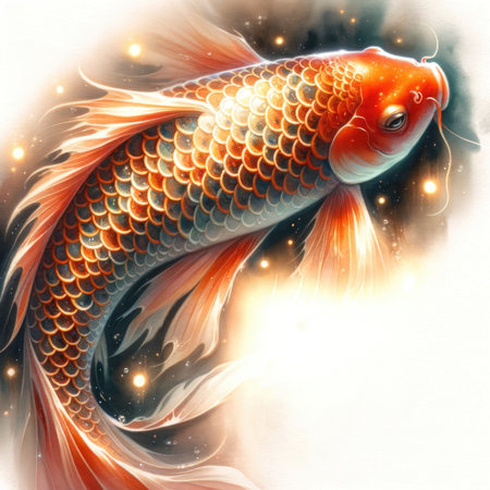 Capture the serenity and celebration of a radiant koi fish in watercolors. This close-up painting shimmers in light, offering a tranquil and inspiring ambiance. Perfect for various creative uses.の素材