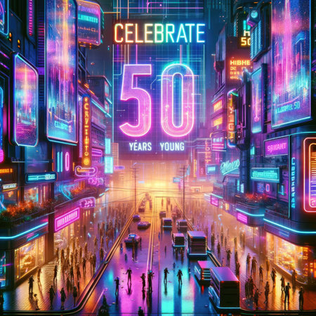 Experience a futuristic cyberpunk cityscape at night, alive with neon-lit streets and holographic billboards proclaiming 'Celebrate 50'. Fashion-forward individuals in glittering attire add a touch of glam to this bustling scene. The bold '50 Years Young' sign, bathed in neon light, captures the vibrant blend of modernity and celebration. Perfect for conveying a dynamic, cutting-edge atmosphere.の素材