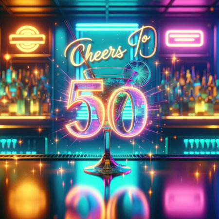Capture the essence of a cyberpunk-themed celebration with this image. A cocktail glass adorned with a neon '50' amidst a futuristic bar, bathed in glowing lights. The text 'Cheers to 50' in a stylish, illuminated font, surrounded by digital sparkles, adds to the futuristic, vibrant ambiance.の素材