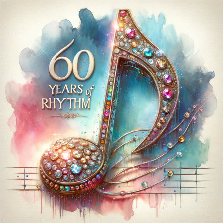 Capture the rhythm of "60 Years of Rhythm" with this vibrant, watercolor-style music note. Adorned with glittering metallic and crystal elements, it exudes luxury. The harmonious blend of colors and soft watercolor background make it perfect for various creative projects.の素材