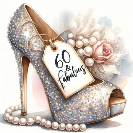 Capture the essence of timeless elegance with this watercolor painting of a luxurious high-heeled shoe. Adorned with glitter and pearl accents, this piece celebrates '60 & Fabulous.' The soft, fluid style enhances the shimmer of glitter and the luster of pearls against a pastel backdrop.の素材