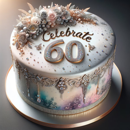 An exquisite watercolor cake adorned with opulent silver and gold embellishments, featuring 'Celebrate 60' in a dazzling, crystal-studded font. This elegant confection boasts a smooth finish, pastel watercolor patterns, and tasteful metallic accents, exuding luxury and celebration. Perfect for milestone occasions.の素材