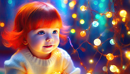 A tender moment captured in a close-up, featuring a baby girl with striking red hair, illuminated softly by fairy lights. This serene and romantic scene, with ample space on the right for text, conveys innocence and magic, perfect for various applications.の素材