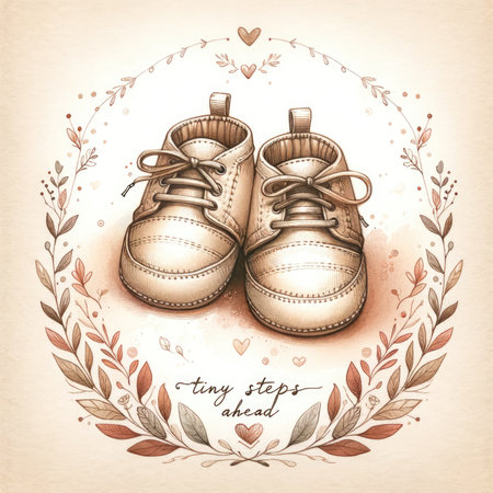An evocative illustration depicting vintage-style baby shoes in soft, neutral tones, crafted from leather with visible stitching and laces. Set against a warm, watercolor background, encircled by a botanical wreath, the image features the phrase "tiny steps ahead" in casual script, symbolizing the early stages of life, imbued with nostalgia and tenderness.の素材